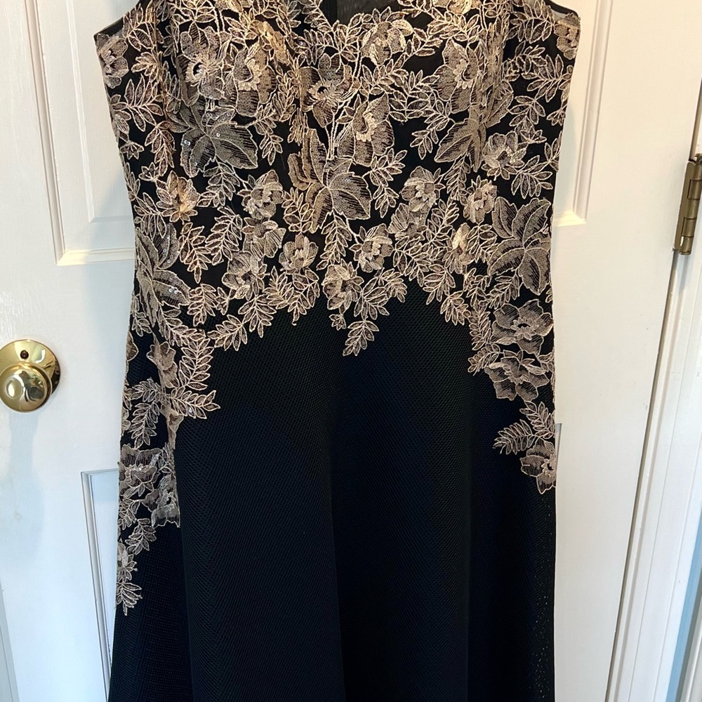 Teri Jon Black Strapless Dress with Metallic Lace Overlay